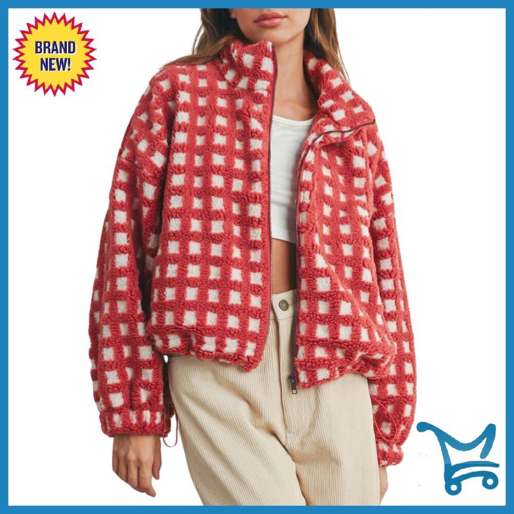 Women's Long Sleeve Cropped Sherpa Fleece Jacket Plaid Zip Up